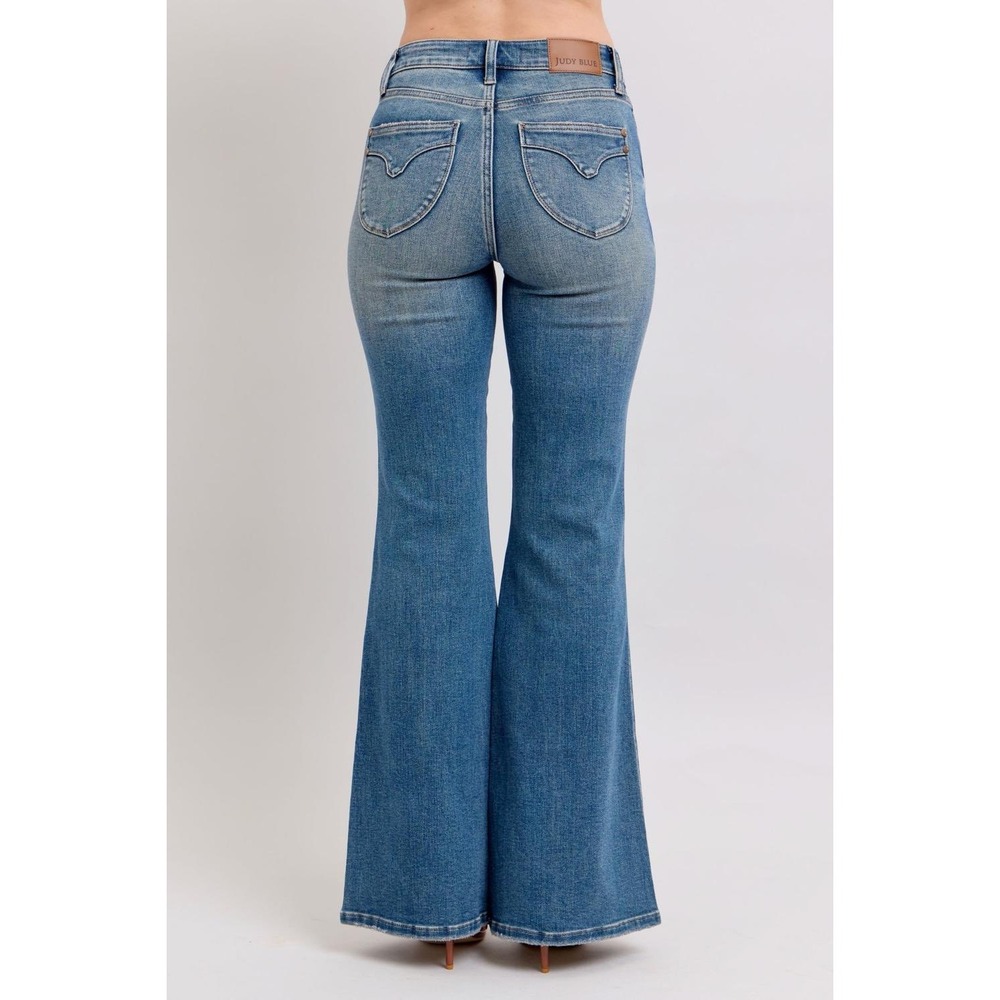 Judy Blue Mid Rise Tummy‎ Control Back Shield Pockets Flare Denim Jeans Sz 13/31